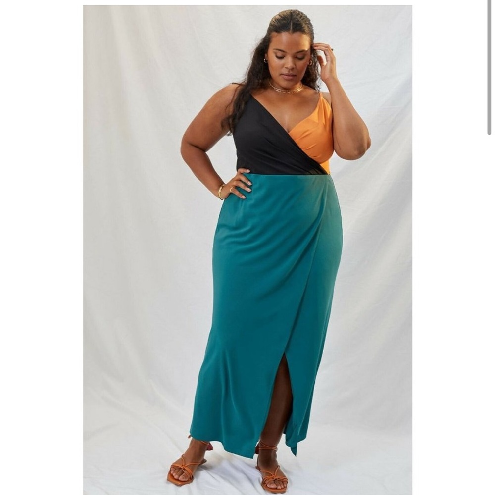 Anthropologie Hutch Colorblocked Faux Wrap Maxi Dress 18W Teal Black Orange Plus